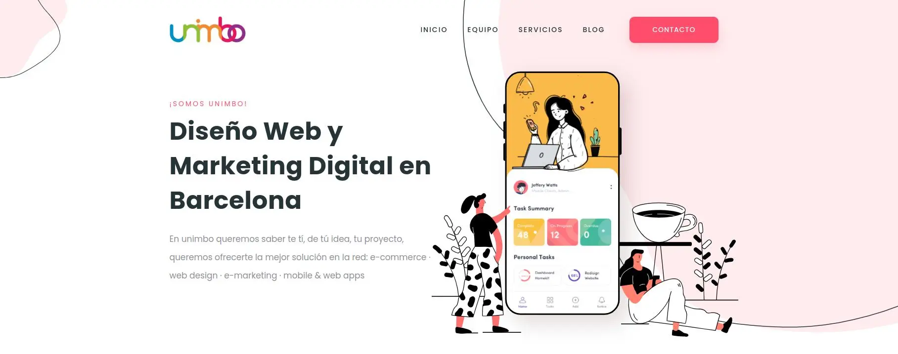 Página web de Unimbo la mejor agencia de diseño web en Barcelona. Realizan todo tipo de marketing digital, diseño web, creación de ecommerce, desarrollo de aplicaciones... Vemos ver su logo y el texto de cabecera de su web "Diseño Web y Marketing Digital en Barcelona"